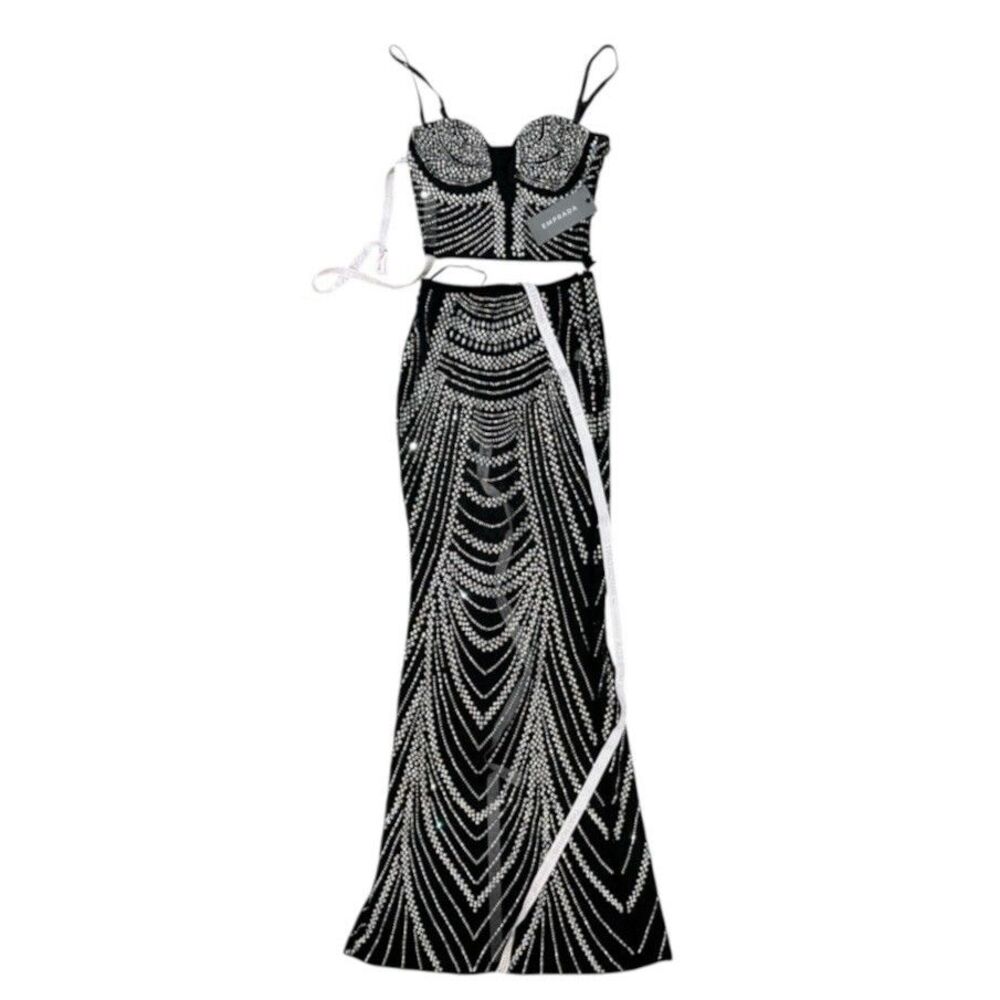 NWT 2-Piece Set Maxi Skirt & Bustier Top S Sheer Jewel Rhinestone Black Formal